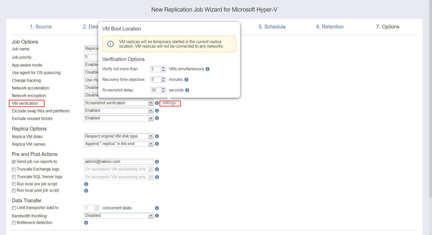 Replication Job Wizard for Hyper-V: Options