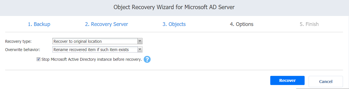 Object Recovery Wizard for Microsoft AD Server: Options