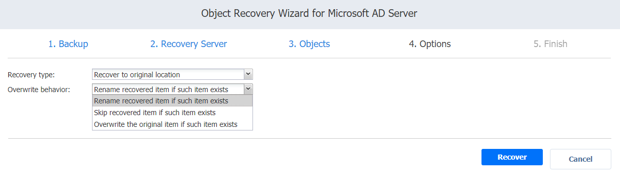 Recovery Center Object Object Recovery Wizard for Microsoft AD Server: Options