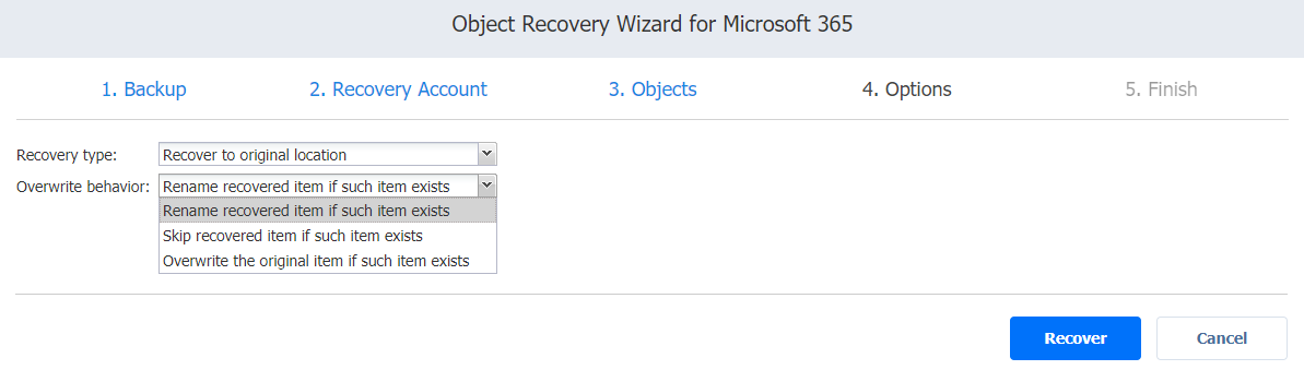 Recovery Center Object Microsoft 365 Object Recovery Wizard: Options