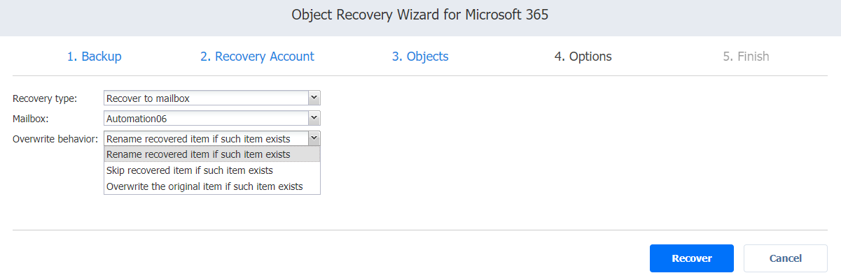 Recovery Center Object Microsoft 365 Object Recovery Wizard: Options