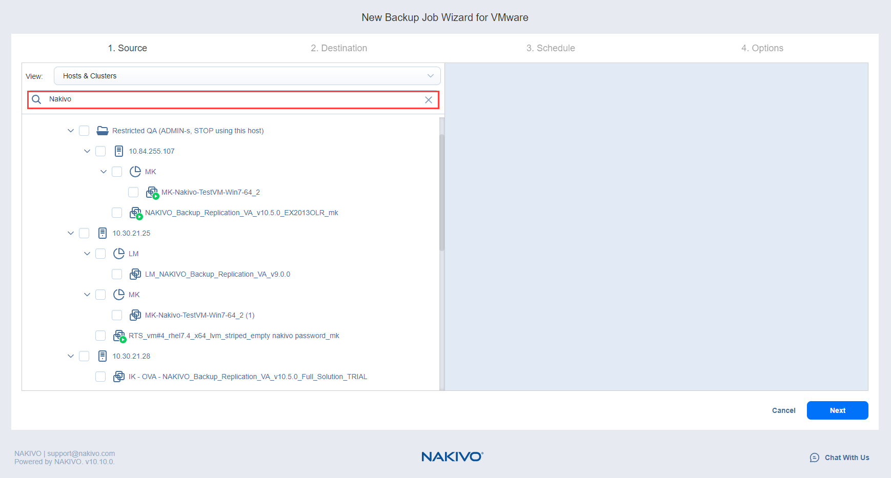 Backup Job Wizard for VMware: Source